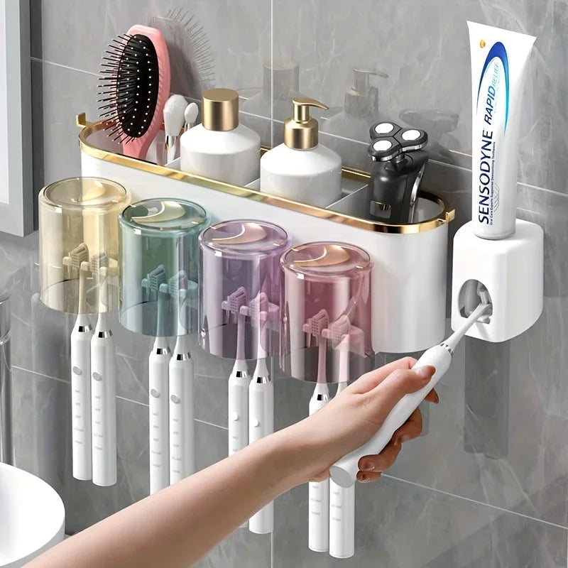 Wall-Mounted Toothbrush Holder with Automatic Toothpaste Dispenser