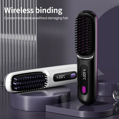 Wireless Ceramic Hair Straightening Brush – Portable Ionic Styling Tool