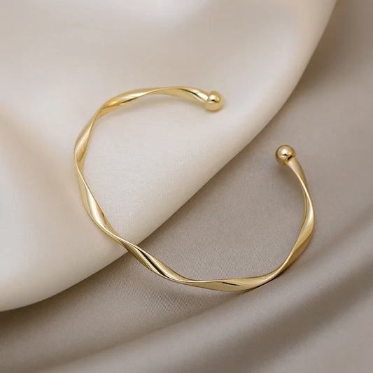 Opening Bangle Gold Color Glossy Twisted Thin Bracelet