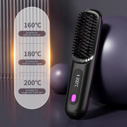 Wireless Ceramic Hair Straightening Brush – Portable Ionic Styling Tool