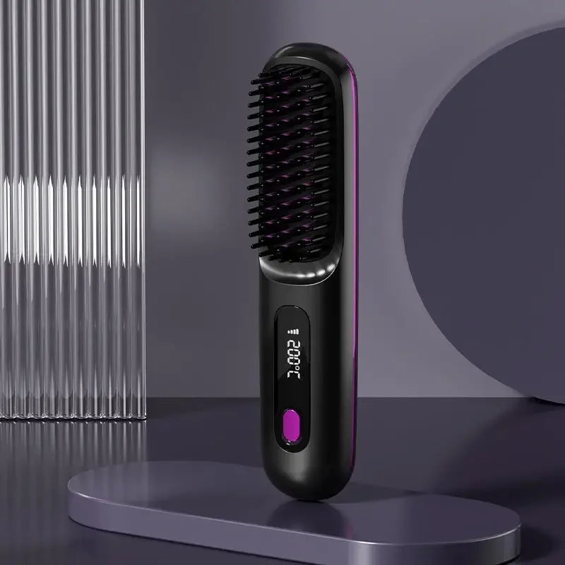 Wireless Ceramic Hair Straightening Brush – Portable Ionic Styling Tool