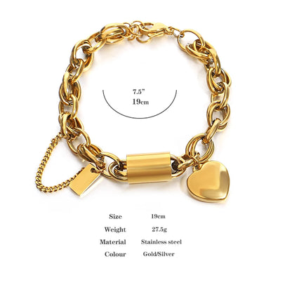 Gold Thick Chain Bracelet with Heart Pendant – Bold & Elegant Jewelry