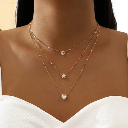 Crystal Zircon Heart & Star Layered Necklace Set