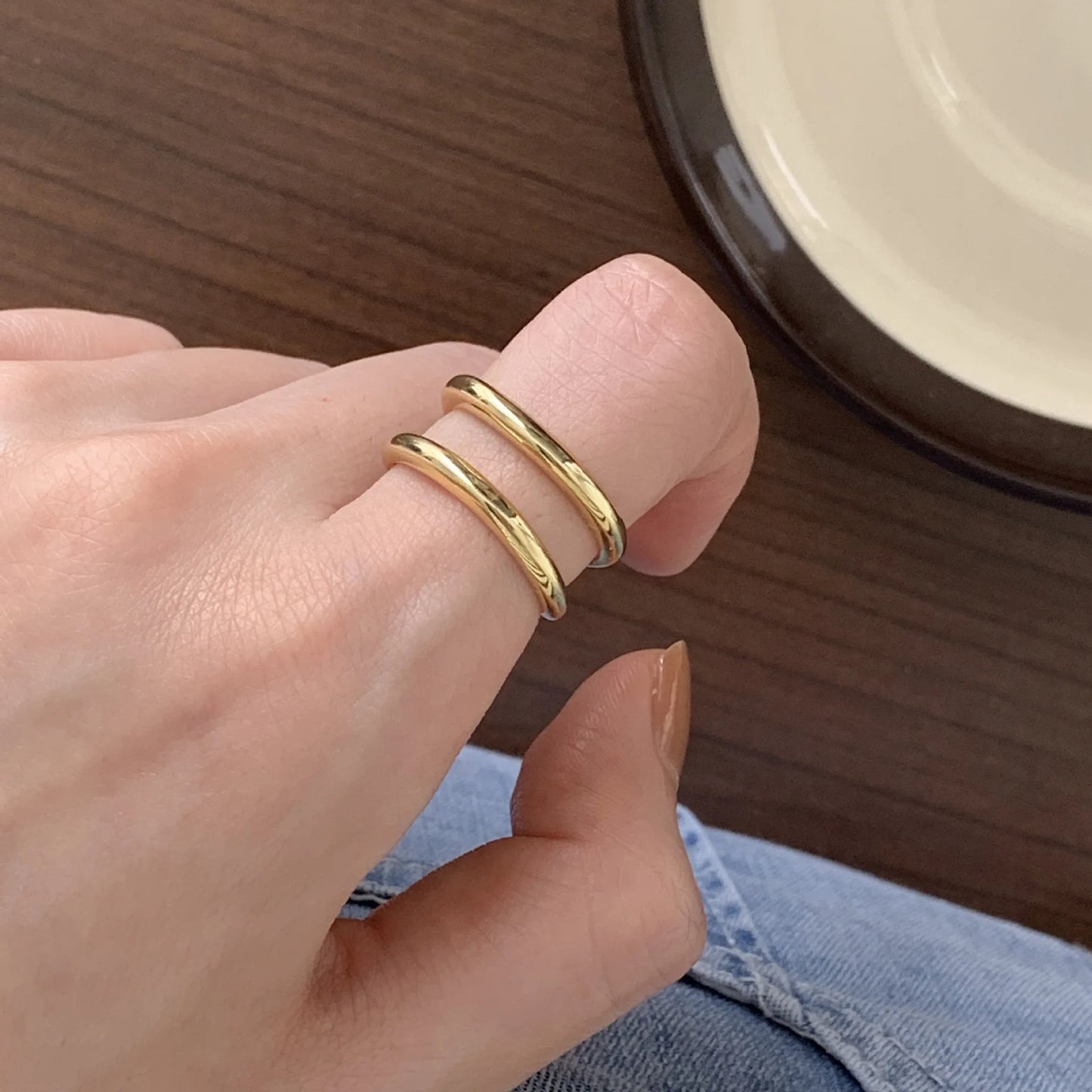 Handmade Irregular Gold Double Layer Ring – Geometric Elegance