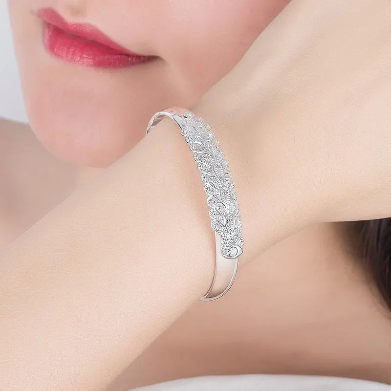 925 Sterling Silver Peacock Open Bracelet – Luxury Designer Jewellery