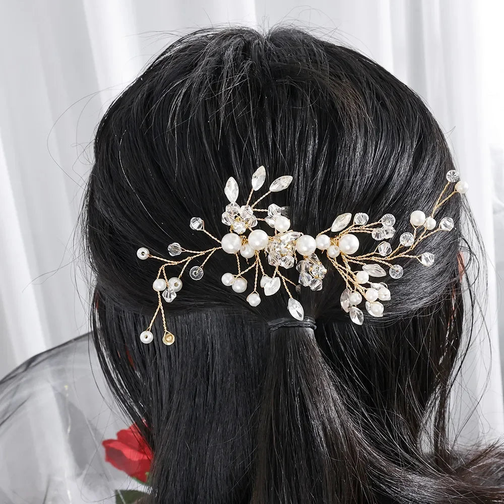 Handmade Pearl Crystal Leaf Tiara Headband