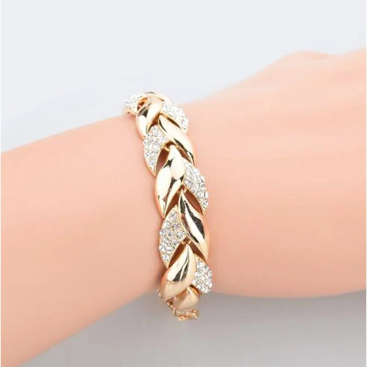 Luxury Braided Leaf Charm Bracelet – Crystal Elegance
