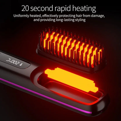 Wireless Ceramic Hair Straightening Brush – Portable Ionic Styling Tool