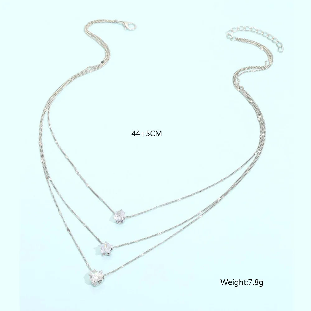 Crystal Zircon Heart & Star Layered Necklace Set