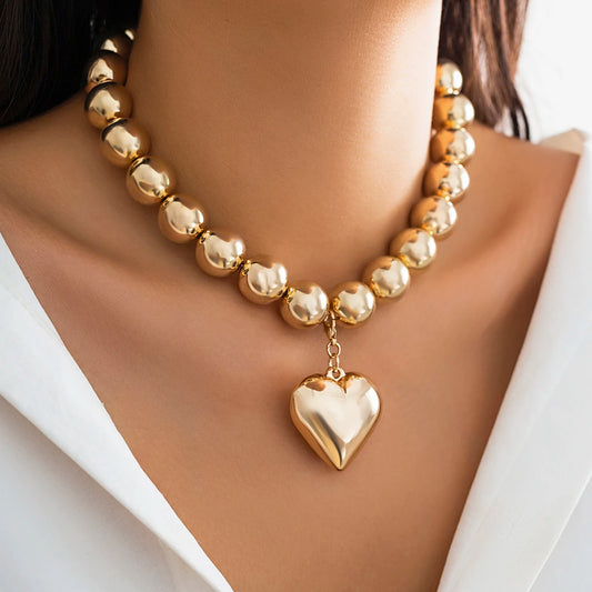 Bold Beaded Heart Pendant Necklace – Statement Style