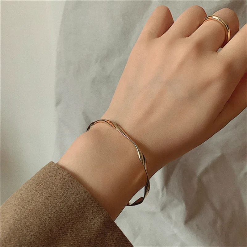 Opening Bangle Gold Color Glossy Twisted Thin Bracelet