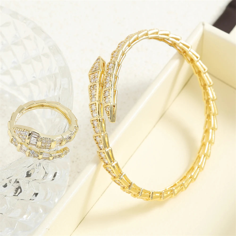 Elegant Zirconia Snake Bone Bracelet and Ring Set - Bold & Timeless Shine