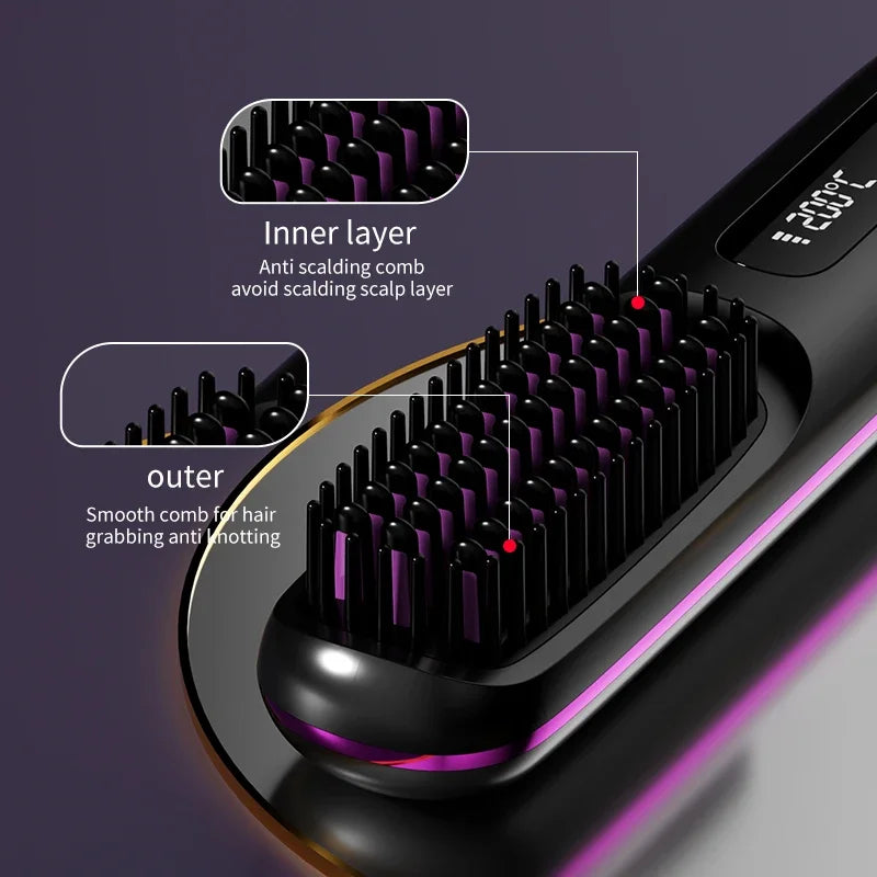 Wireless Ceramic Hair Straightening Brush – Portable Ionic Styling Tool