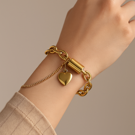 Gold Thick Chain Bracelet with Heart Pendant – Bold & Elegant Jewelry